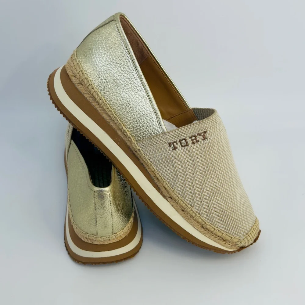 Tory Burch Gold/Beige Knit Fabric Daisy Espadrille Slip-On‎ Sneakers Sz 9